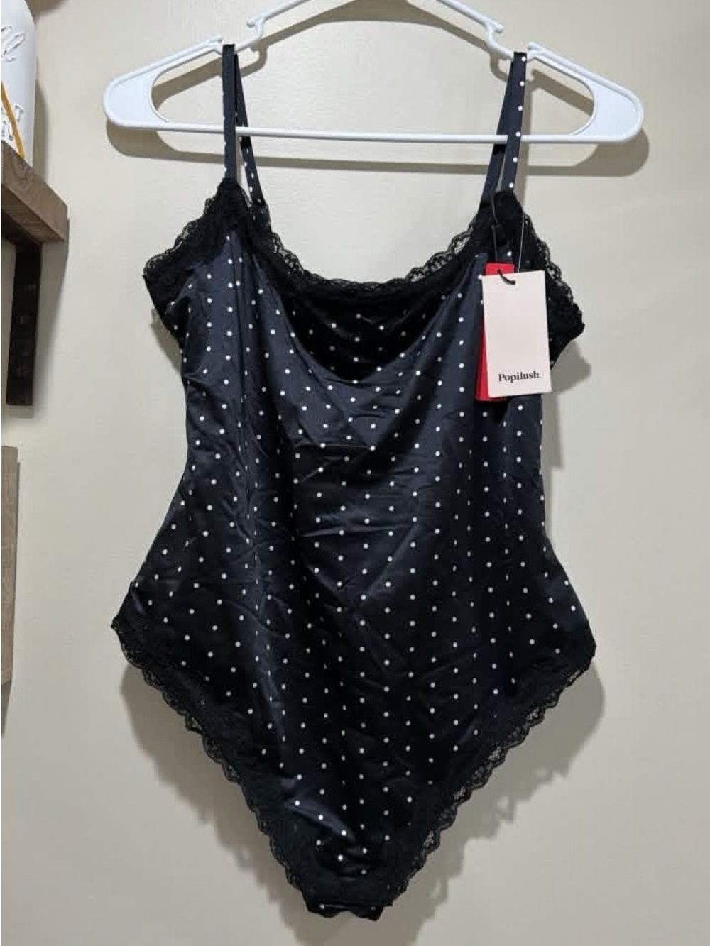 Poplush Satin Polka Dot Lace-Trim Black Bodysuit